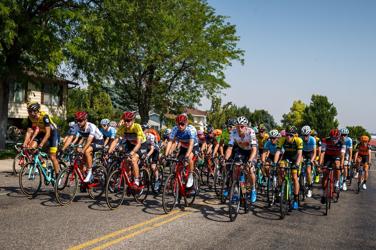 The bunch is spread across the road during stage 1 at the Tour of Utah