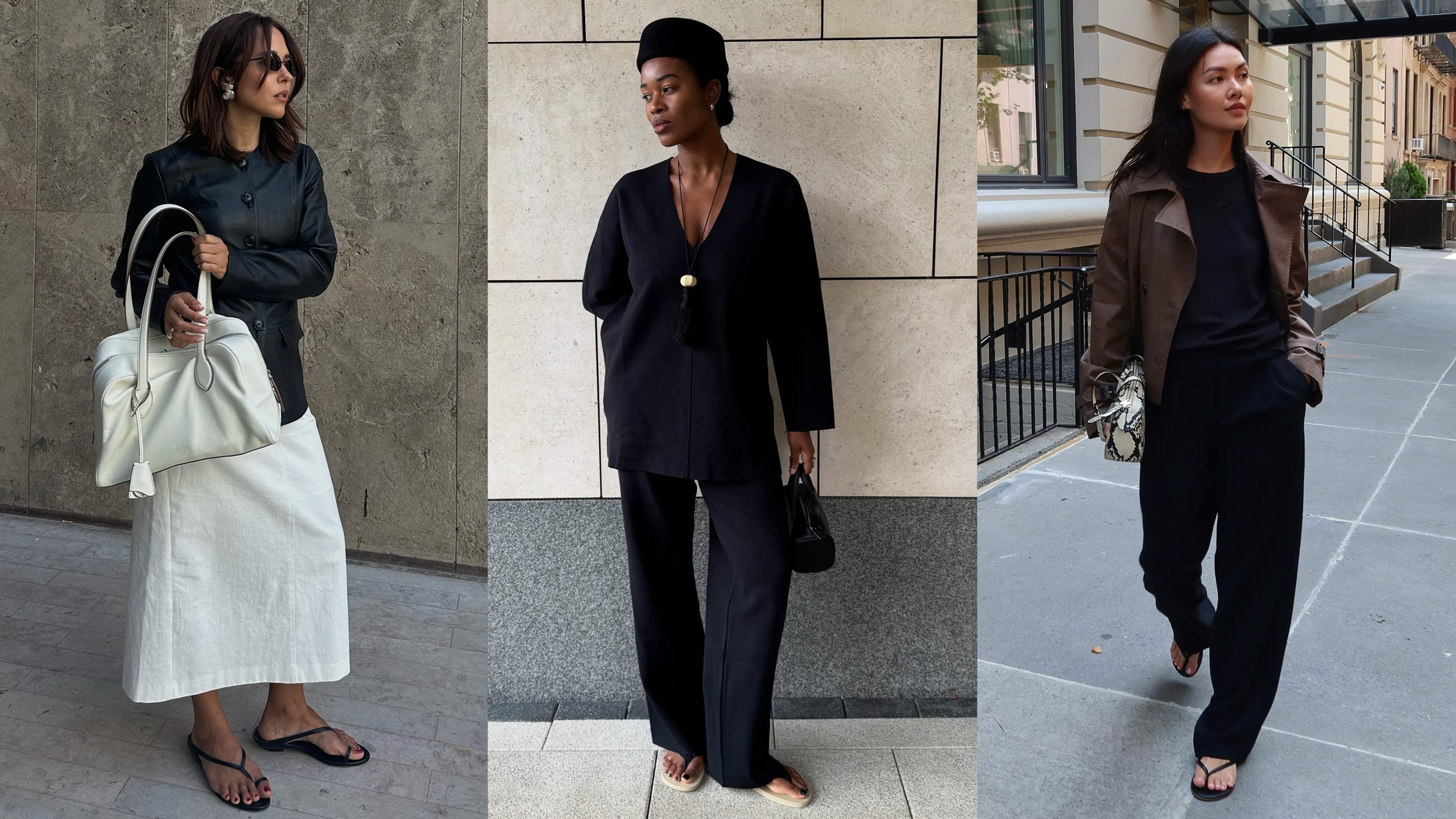 a flip-flop outfit for fall, shown in a collage of women's street style photos