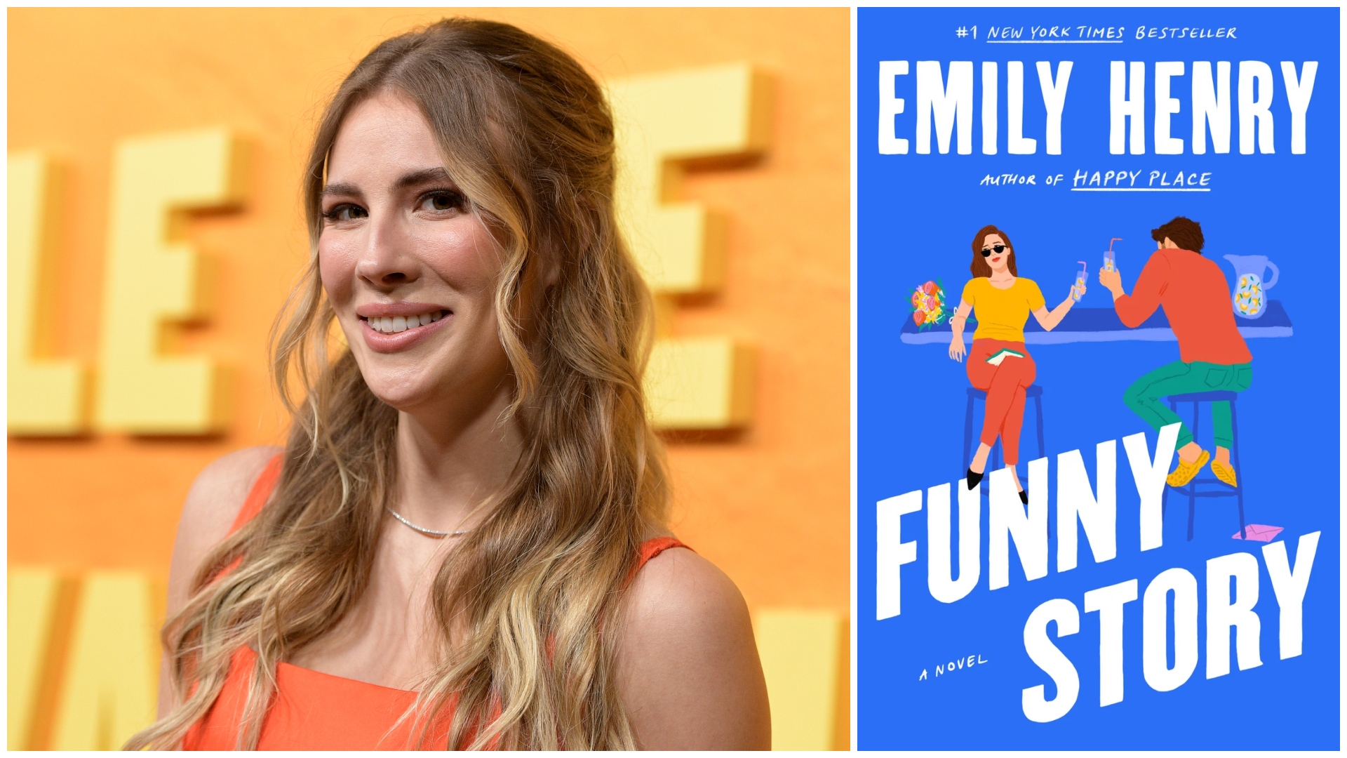 a split image of author emily henry smiling and wearing an orange dress on the red carpet premiere of people we meet on vacation with the cover of her book funny story 