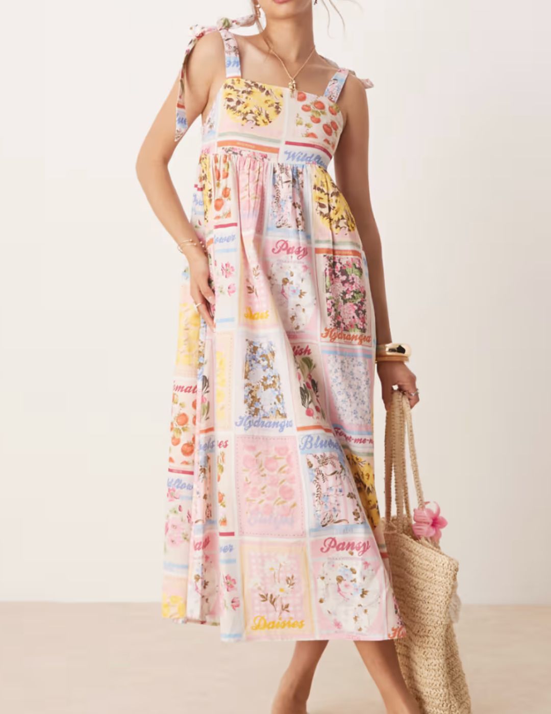 Miss Selfridge , Tie Shoulder Postcard Print Maxi 