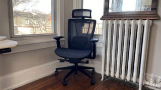 An office chair with a headrest