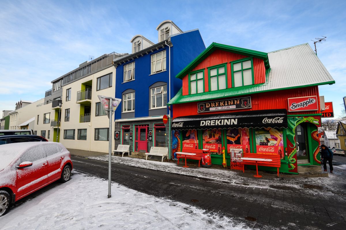 colorful houses in snow