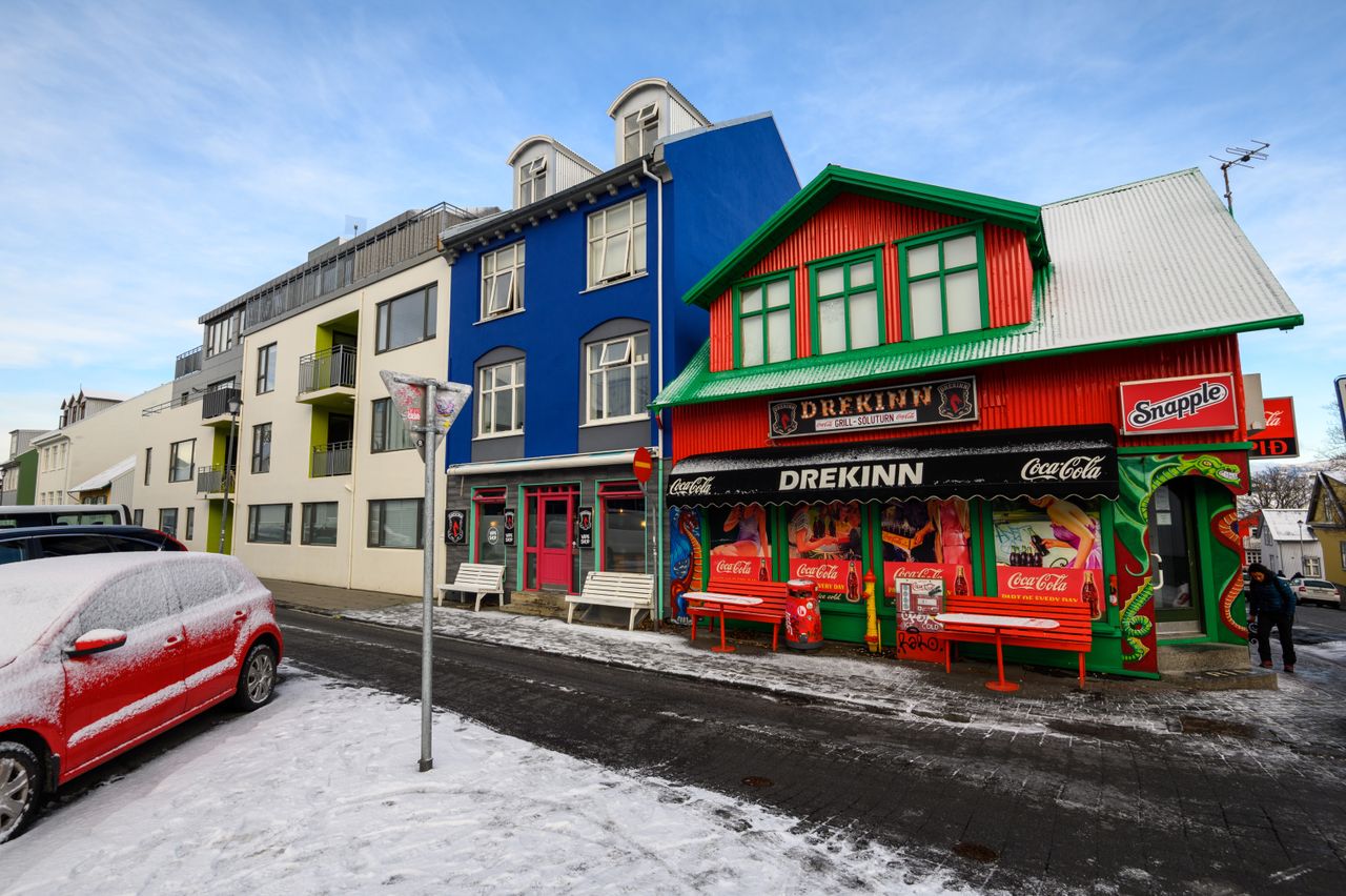colorful houses in snow