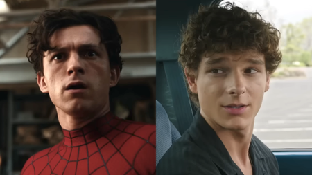 Tom Holland in the Spider-Man suit in Brand New Day and Mason Thames in a truck in Regretting You