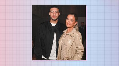 Tommy Fury and Molly-Mae Hague attend the PrettyLittleThing X Molly-Mae show at The Londoner Hotel on February 16, 2022 in London, England | In a blue and pink template