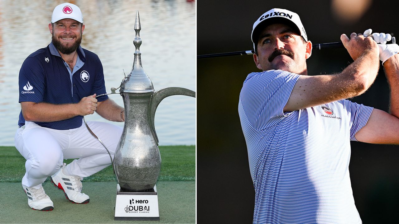 Tyrrell Hatton holds the Dubai Desert Classic and Keegan Bradley watches a tee shot