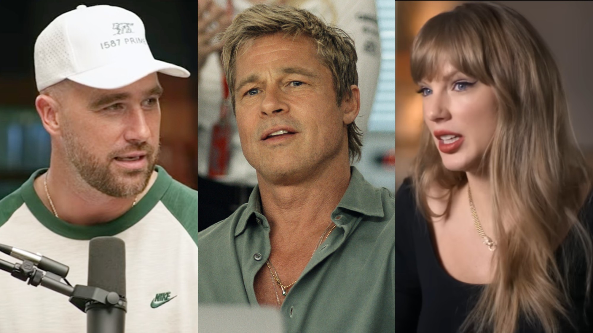 From left to right: A screenshot of Travis Kelce on New Heights, a press image of Brad Pitt in F1 and a screenshot of Taylor Swift in The End of an Era. 