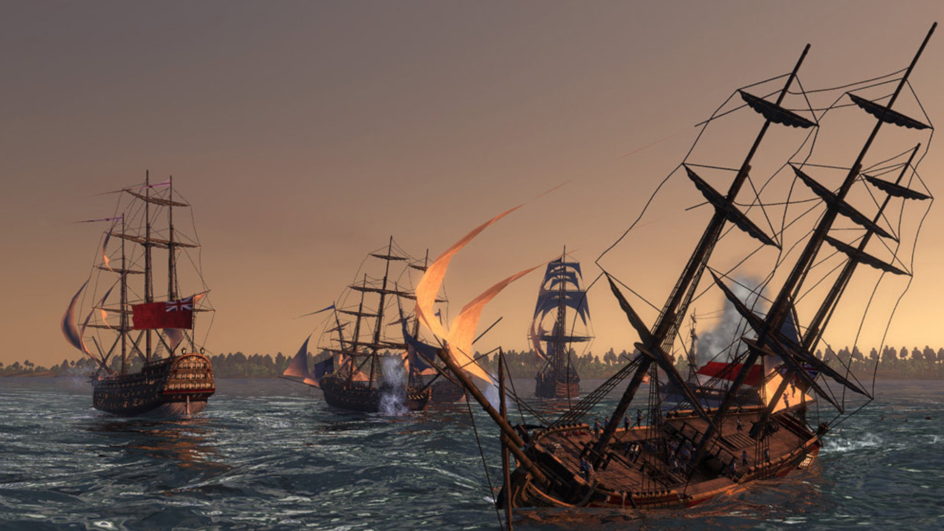 A group of ships shooting at each other at sea during one of the best Total War games, Total War: Empire