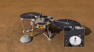 The InSight Mars lander lowers a protective cover over the seismic sensor used to dig into the Martian surface.