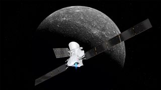 An artist's illustration of the stacked BepiColombo spacecraft built by Europe and Japan and their transfer module as they arrive at Mercury. The mission will arrive at Mercury in December 2025.