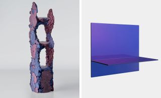 Left, ‘Mass’ shelf, by Odd Matter. Right, T-Shelf by Dimitri Bahler