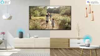The Samsung Q70 QLED TV pictured on a cream-coloured wall in a living room displaying children running through a field.
