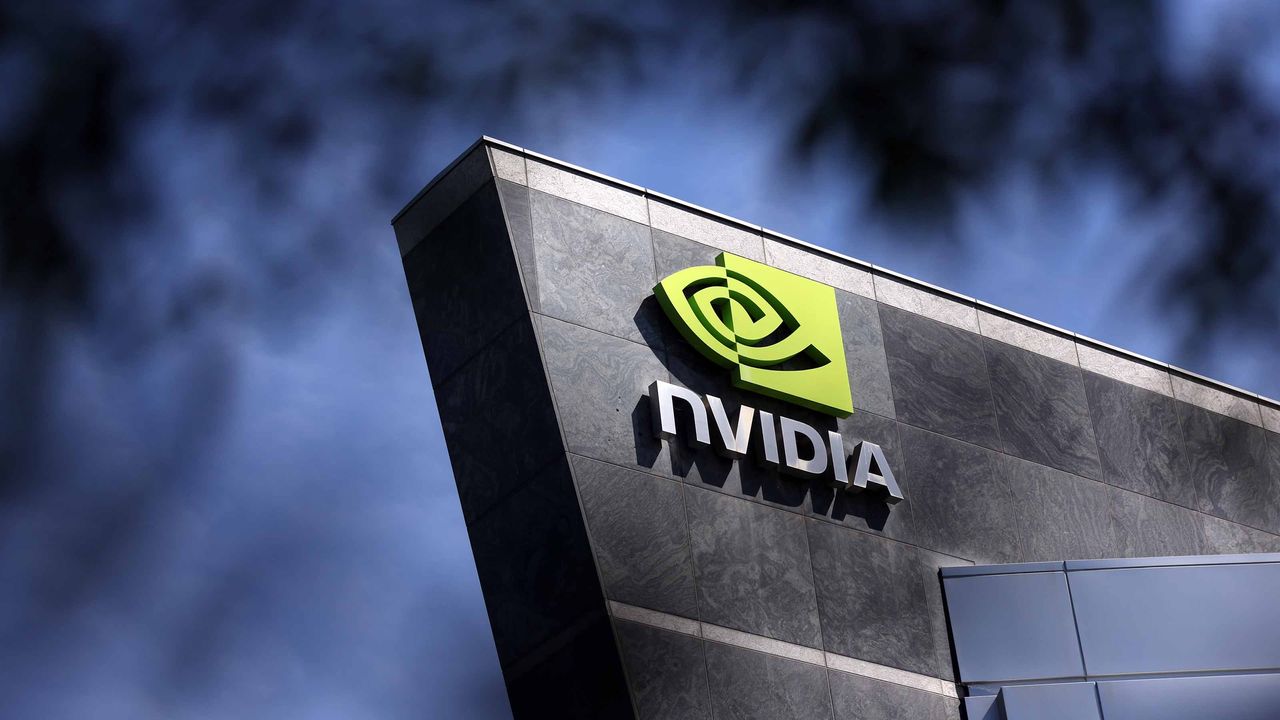 Nvidia sign on building with dark clouds looming overhead