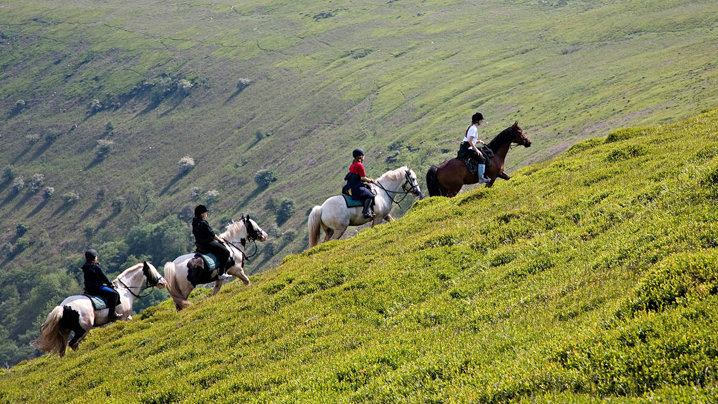 A91BNG Pony trekking crossing Offa's Dyke long distance footpath in the Black Mountain near Llanthony Wales UK