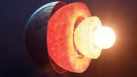 a cross section of a planet showing a white-hot molten core, with a starry background