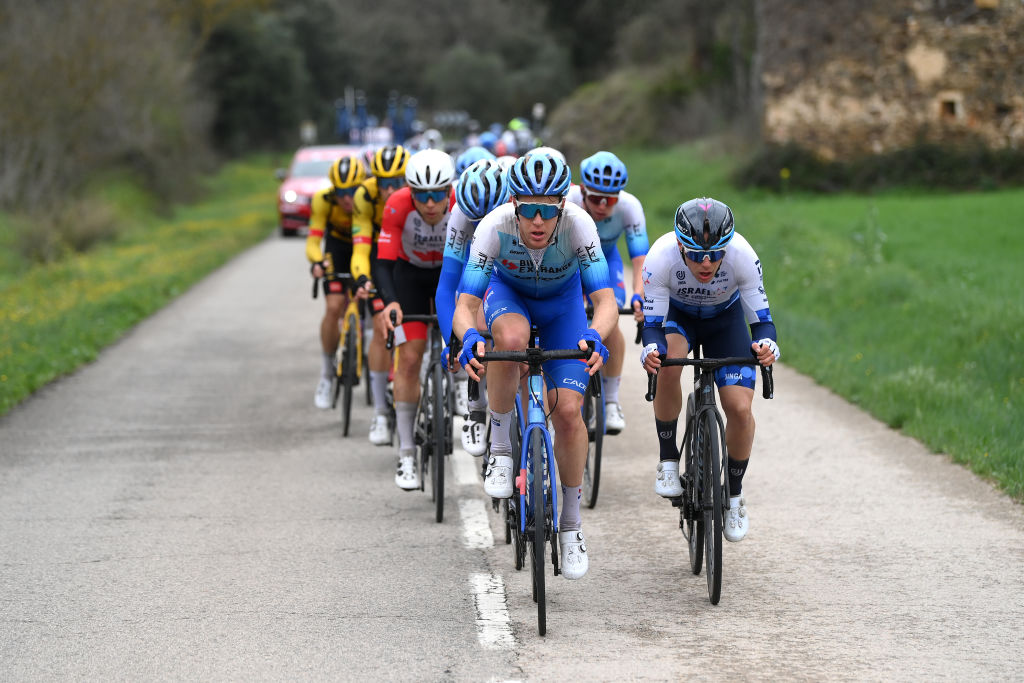 SANT FELIU DE GUIXOLS SPAIN MARCH 21 LR Callum Scotson of Australia and Team BikeExchange Jayco and Corbin Strong of New Zealand and Team Israel Premier Tech competes during the 101st Volta Ciclista a Catalunya 2022 Stage 1a 171km stage from Sant Feliu de Guxols to Sant Feliu de Guxols VoltaCatalunya101 WorldTour on March 21 2022 in Sant Feliu de Guixols Spain Photo by David RamosGetty Images