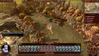 En hær, der bevæger sig gennem et område af Total War: Warhammer 3's kampagnekort inficeret med Nurgles korruption
