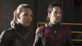 Hope and Scott stare at something spectacular off camera in Ant-Man and the Wasp