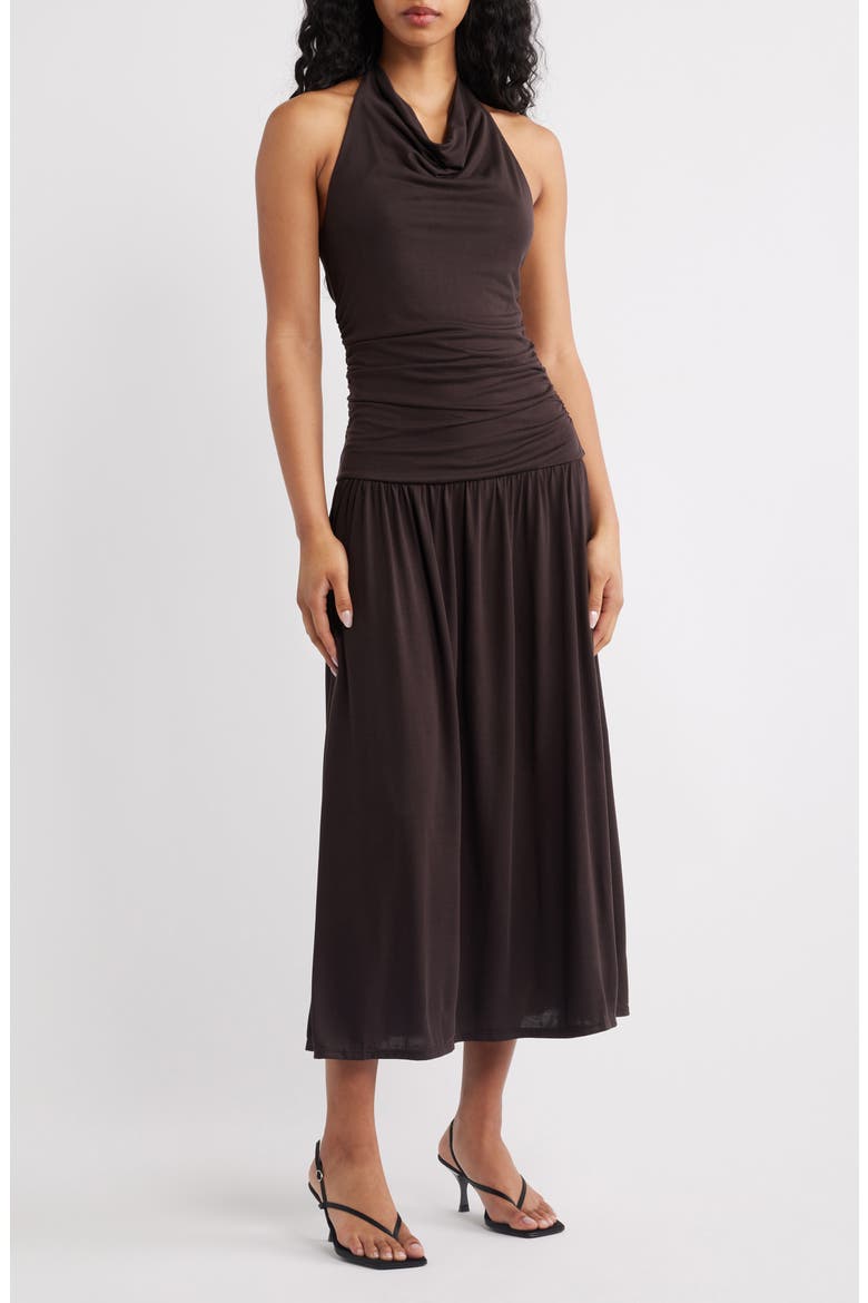 Osana Ruched Drop Waist Halter Midi Dress