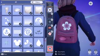 Disney Dreamlight Valley character creator - A purple backpack in the Touch of Magic tool with a flower and worn patch added to it.