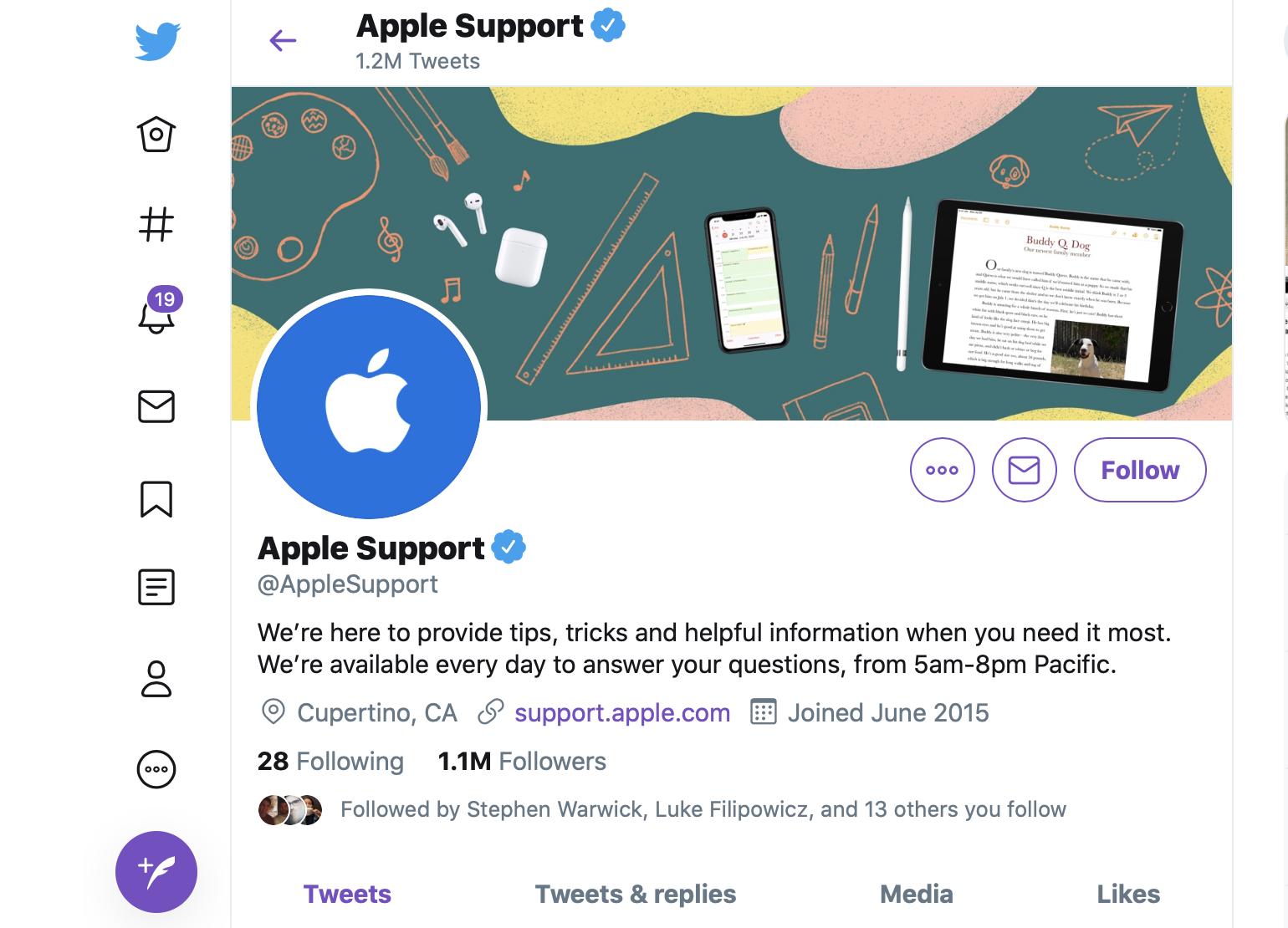 Как общаться со службой поддержки Apple в Интернете или по телефону: Посетите страницу службы поддержки Apple Twitter @applesupport Скриншот профиля