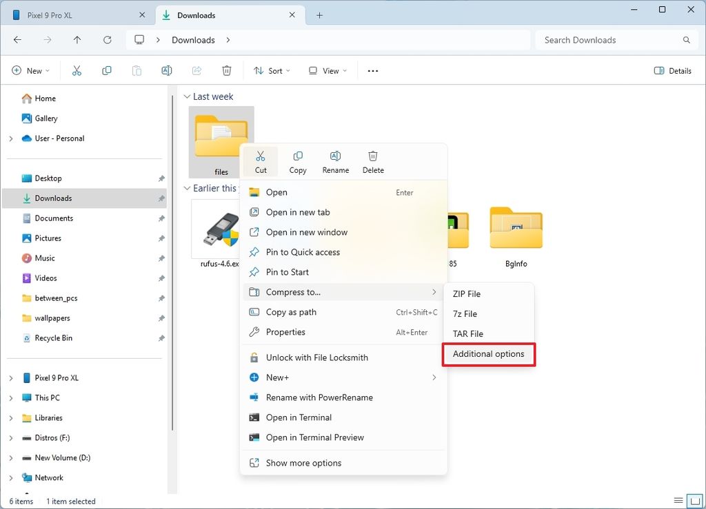 File Explorer compress additional options