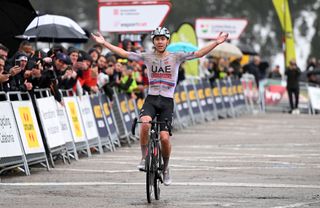 Tadej Pogacar celebrates the summit finish stage 2 victory at the Volta a Catalunya