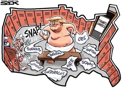 Political cartoon U.S. 2016 election Donald Trump lock room talk