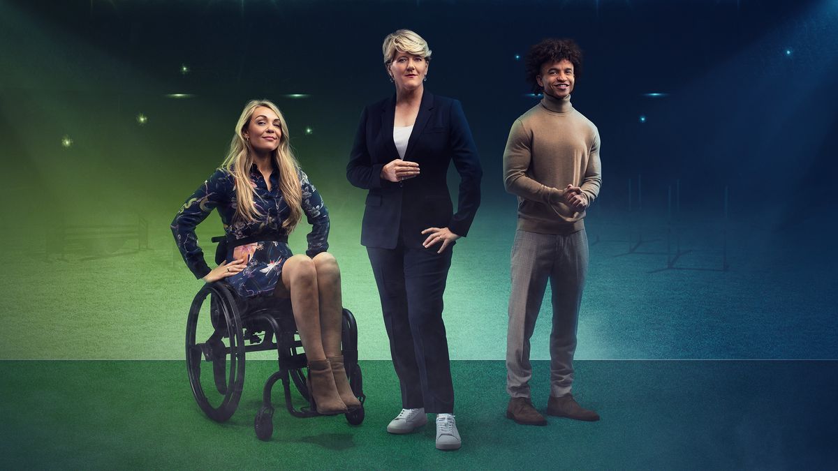 L-R Sophie Morgan, Clare Balding and Radzi Chinyanganya present Crufts 2024