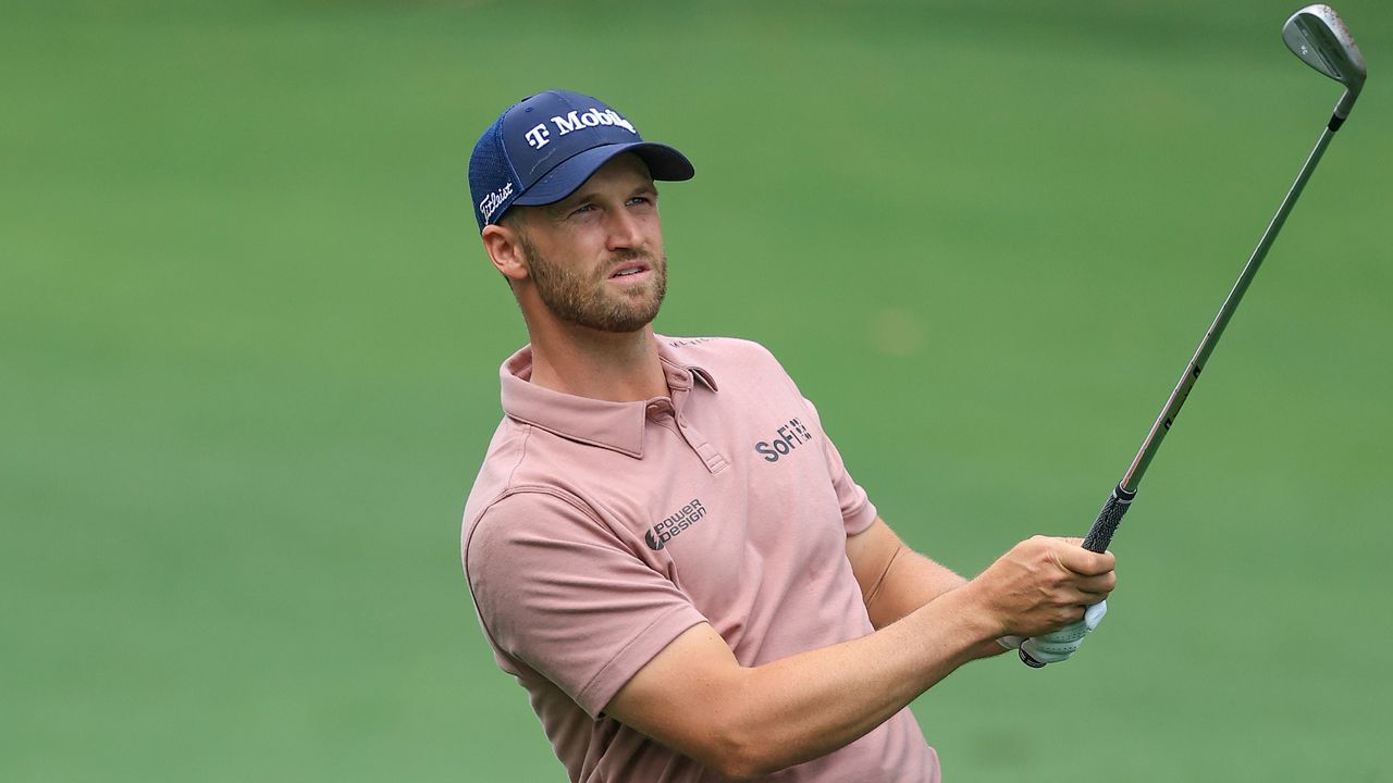 Wyndham Clark hits a shot during his first round of the 2024 Masters