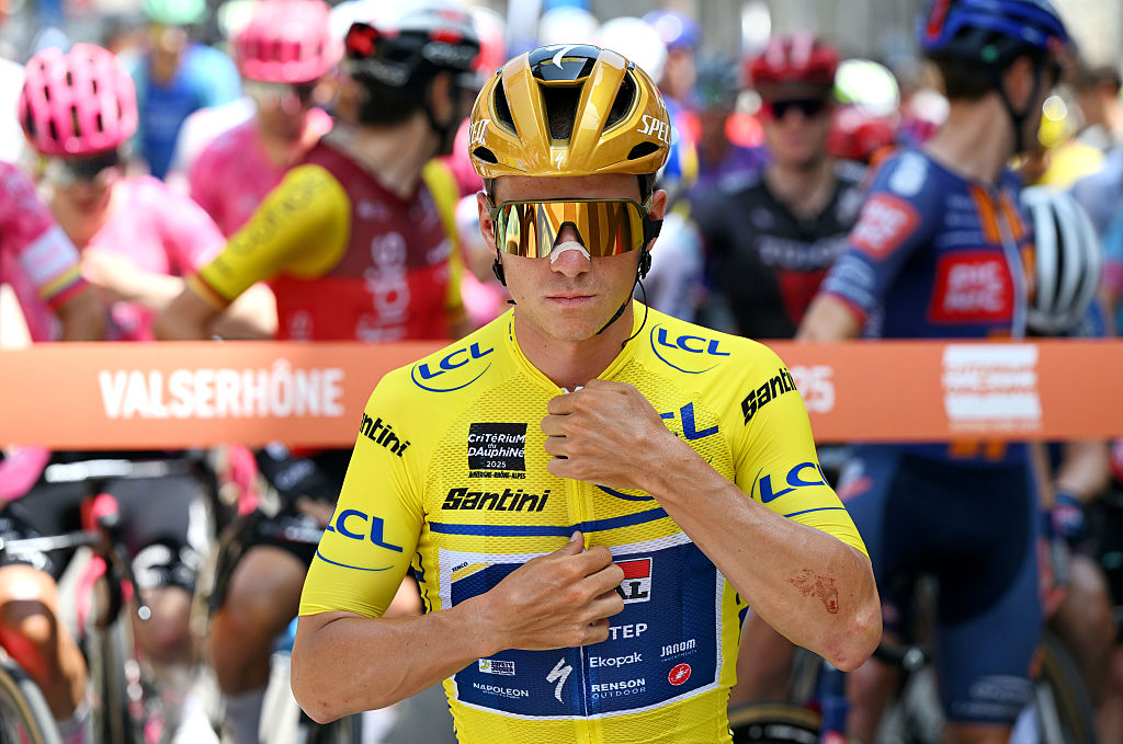 VALSERHONE, FRANCE - JUNE 13: Remco Evenepoel of Belgium and Team Soudal Quick-Step - Yellow leader jersey prior to the 77th Criterium du Dauphine 2025, Stage 6 a 126.7km stage from Valserhone to Combloux 1183m / #UCIWT / on June 13, 2025 in Valserhone, France. (Photo by Dario Belingheri/Getty Images)