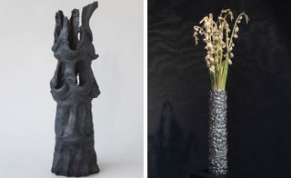 LEFT: Carved black vase-like sculpture photographed against a white background; RIGHT: Wheat-like branches in a cylinder shaped vase, photographed against a black background