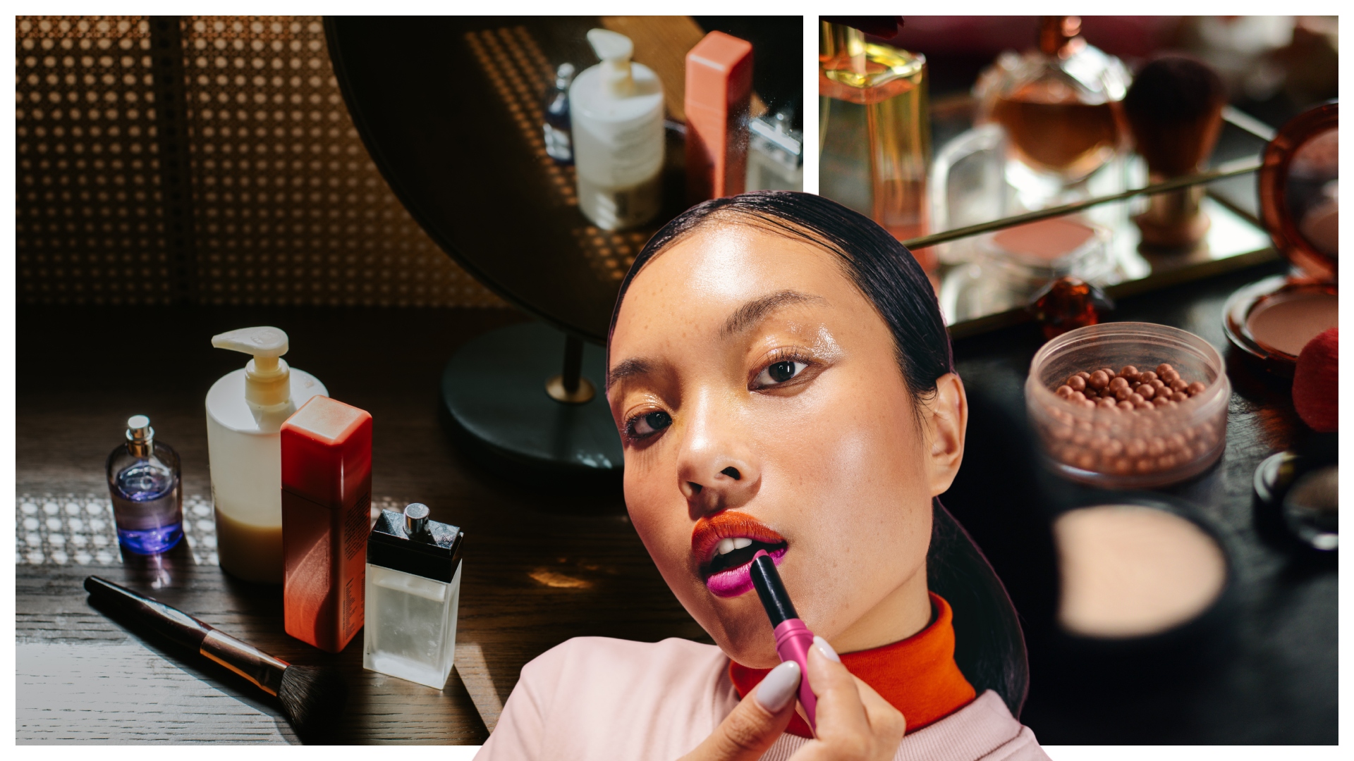 collage of beauty products on a desk with a girl applying lipstick