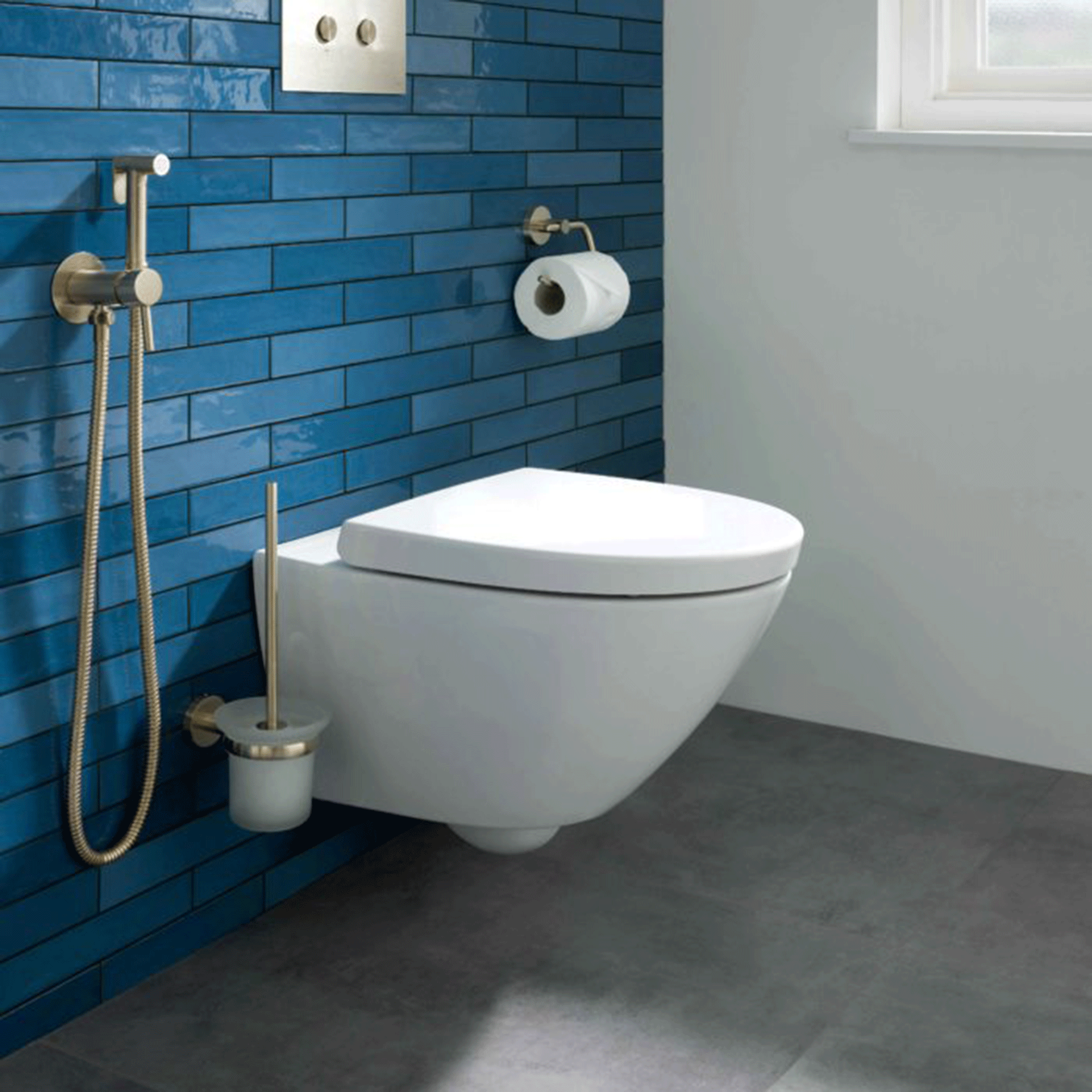 Blue bathroom with white toilet