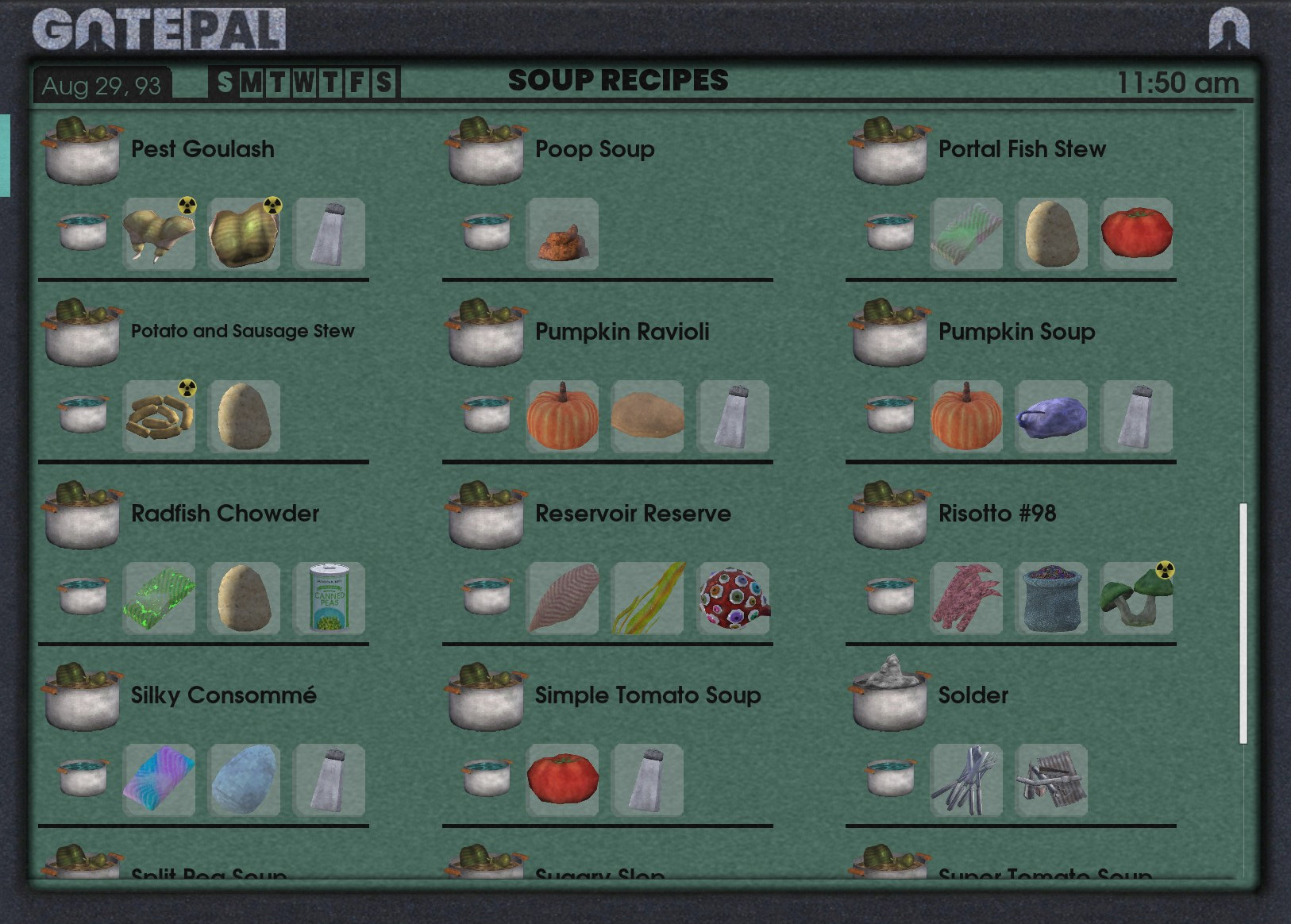 The GATEPAL Journal from Abiotic Factor, showing page three of four in the game's soup recipe list.