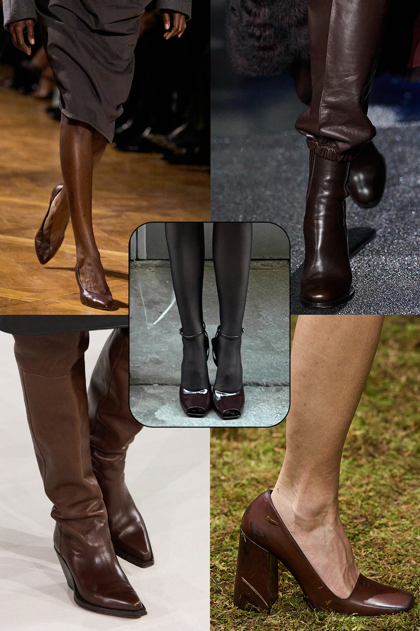 Shoe color trends fall 2026 shown in a collage of runway images depicting footwear in chocolate pecan color