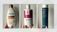 Collage of three cleansing shampoos (L-R) from Aveeno, Nourrir and Living Proof, on a watercolour background with foam details