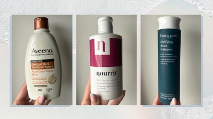 Collage of three cleansing shampoos (L-R) from Aveeno, Nourrir and Living Proof, on a watercolour background with foam details