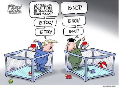 Political cartoon U.S. Trump Kim Jong Un North Korea nuclear weapons bigger button
