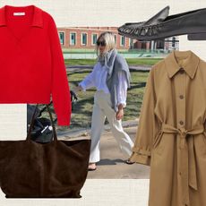 stylish mom Linda Tol pushing stroller in a chic 2025 outfit with a fashion collage including an & Other Stories trench coat, Mango red collared sweater, Nordstrom black ruched loafers, and a Zara brown suede tote bag