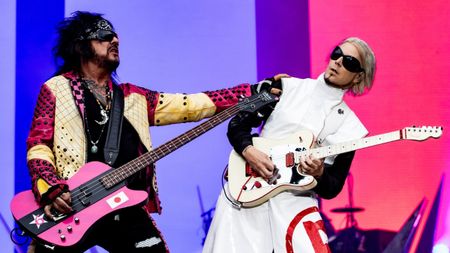 Nikki Sixx and John 5 performs with Motley Crue at Marvel Stadium on November 14, 2023 in Melbourne, Australia.