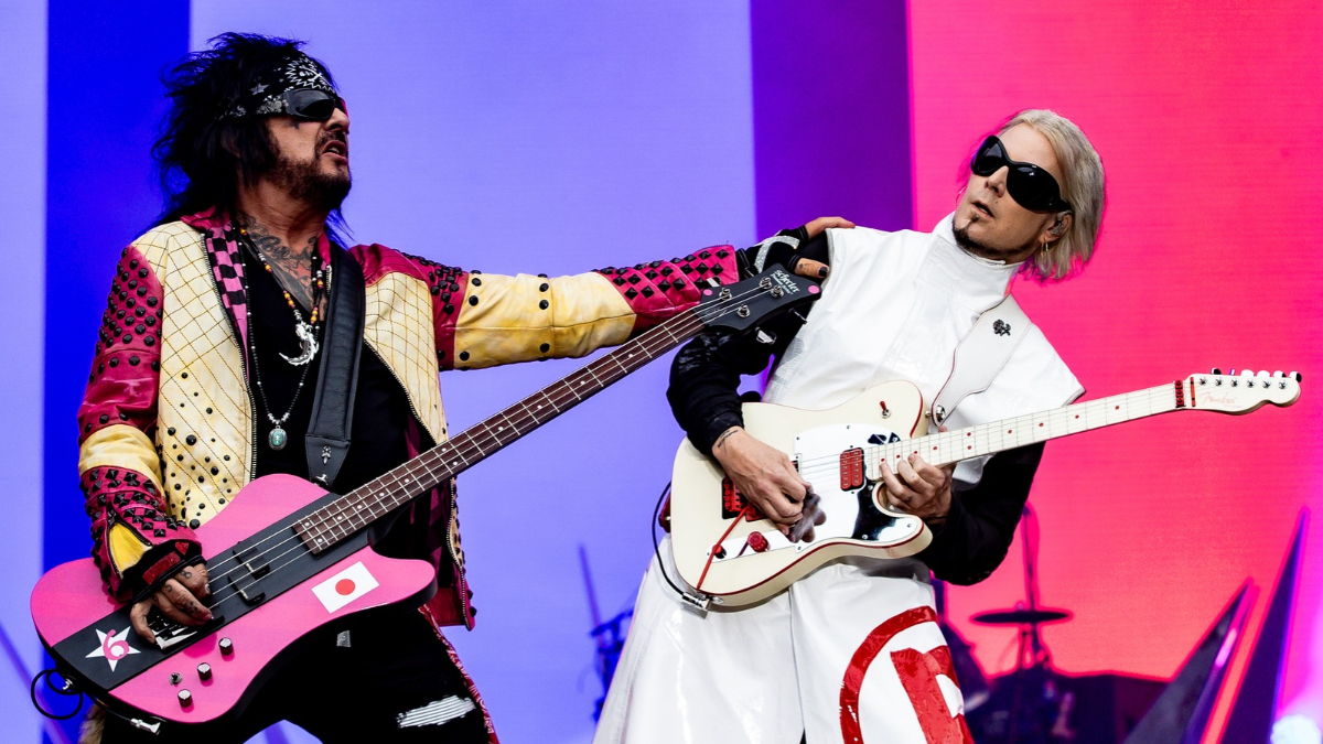 Nikki Sixx and John 5 performs with Motley Crue at Marvel Stadium on November 14, 2023 in Melbourne, Australia.