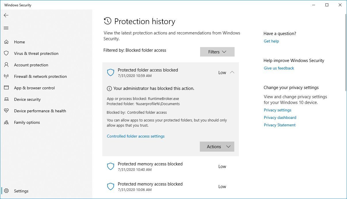 Controlled folder access block history