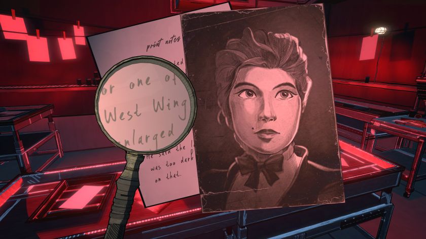 A magnifying glass looking at a note and a photo of a woman in a dark room