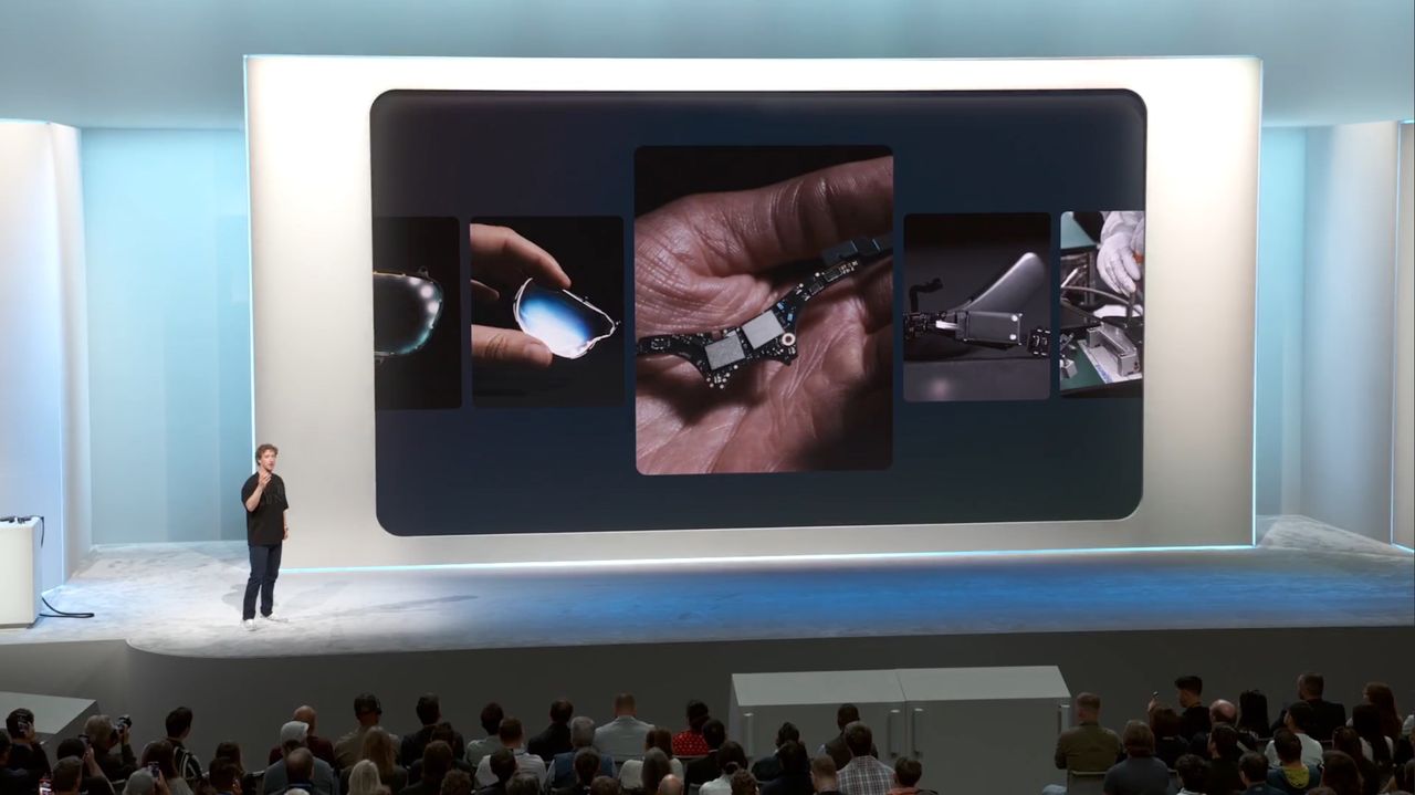 Meta Orion glasses on show at Meta Connect with Nvidia CEO Jen-Hsun Huang.