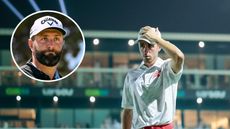 Main picture of David Puig covering the badge on his cap with his left hand at LIV Golf Riyadh with inset photo of Jon Rahm looking on in the top left