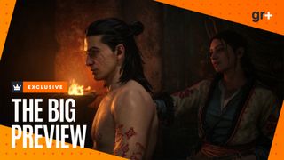 The Blood of Dawnwalker protagonist Coen standing shirtless, showing runes carved into his skin, as the village healer stands behind him