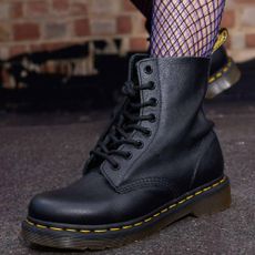 A close up of a classic leather boot from Dr. Martens.