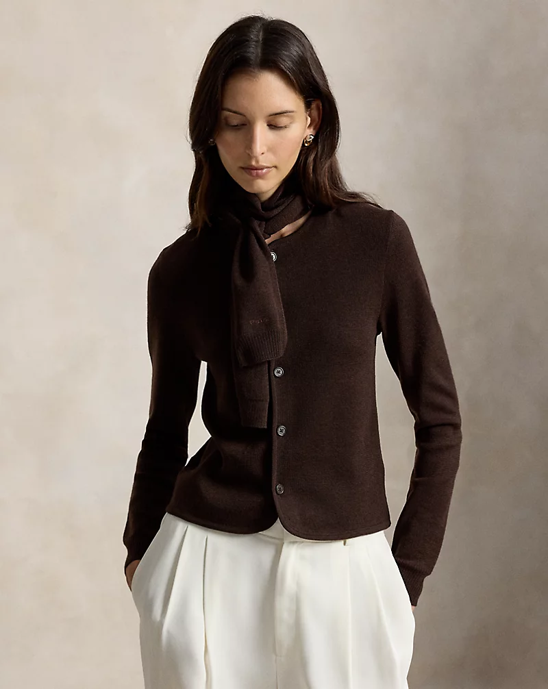 Tie Scarf Wool Cardigan