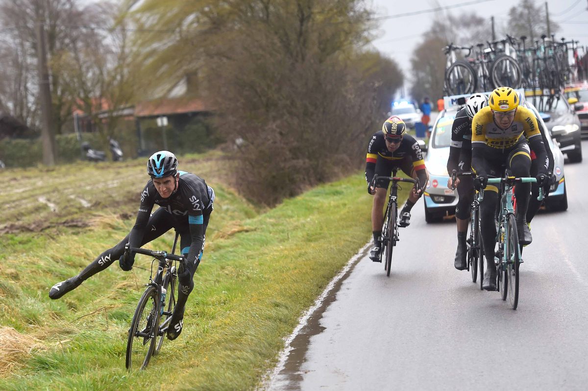 Geraint Thomas (Team Sky) just seconds before being blown off his bike